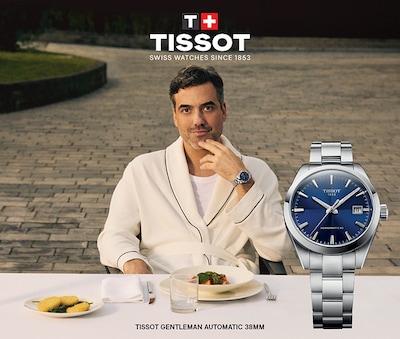 Daniel Ings in Tissot campaign wearing Tissot gentleman watch. Image of watch with blue dial. Tissot - Swiss watches since 1853. image