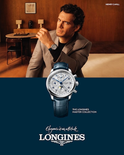 Image of Henry Caville wearing Longines Master collection with text - Elegance is an attitude - The longines Master collection image