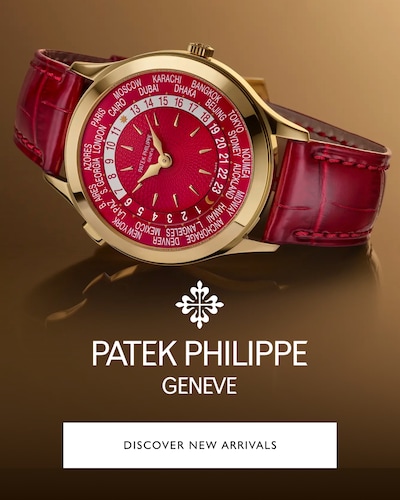 Image of Patek Philippe watch and logo with text Discover new arrivals image