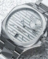 Speake Marin silver ripples watch on silver background. Shop Speake Marin watches image