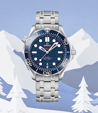 Image Tudor watch and Omega with background of ski mountain and trees - Tap to Shop All Bestseller Watches image