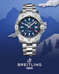 Image Breitling watch and Breitling Logo with background of ski mountain and trees - Tap to Shop All Breitling Watches image