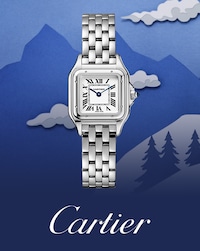 Image Tudor watch and Cartier Logo with background of ski mountain and trees - Tap to Shop All Cartier Watches image