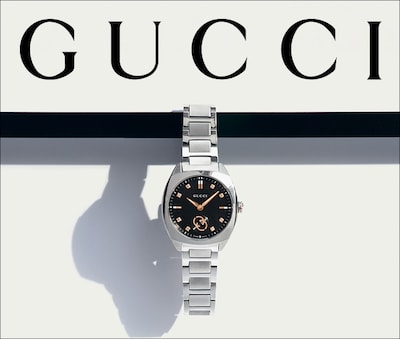 Gucci logo with Gucci watch banner image