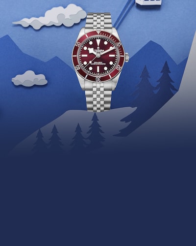 Image Tudor watch with background of ski mountain and trees - Tap to Shop All Chrismas Selection Watches image