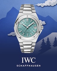 Image IWC Schaffhausen watch and IWC Schaffhausen Logo with background of ski mountain and trees - Tap to Shop All IWC Schaffhausen Watches image