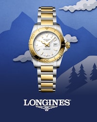 Image Longines watch and brand Logo with background of ski mountain and trees - Tap to Shop All Longines Watches image