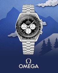 Image Omega watch and Omega Logo with background of ski mountain and trees - Tap to Shop All Omega Watches image