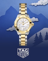 Image TAG Heuer watch and TAG Heuer Logo with background of ski mountain and trees - Tap to Shop All TAG Heuer Watches image
