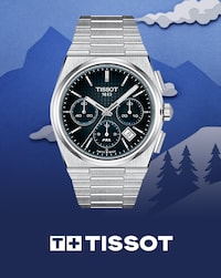 Image Tissot watch and brand Logo with background of ski mountain and trees - Tap to Shop All Tissot Watches image
