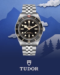 Image Tudor watch and Tudor Logo with background of ski mountain and trees - Tap to Shop All Tudor Watches image